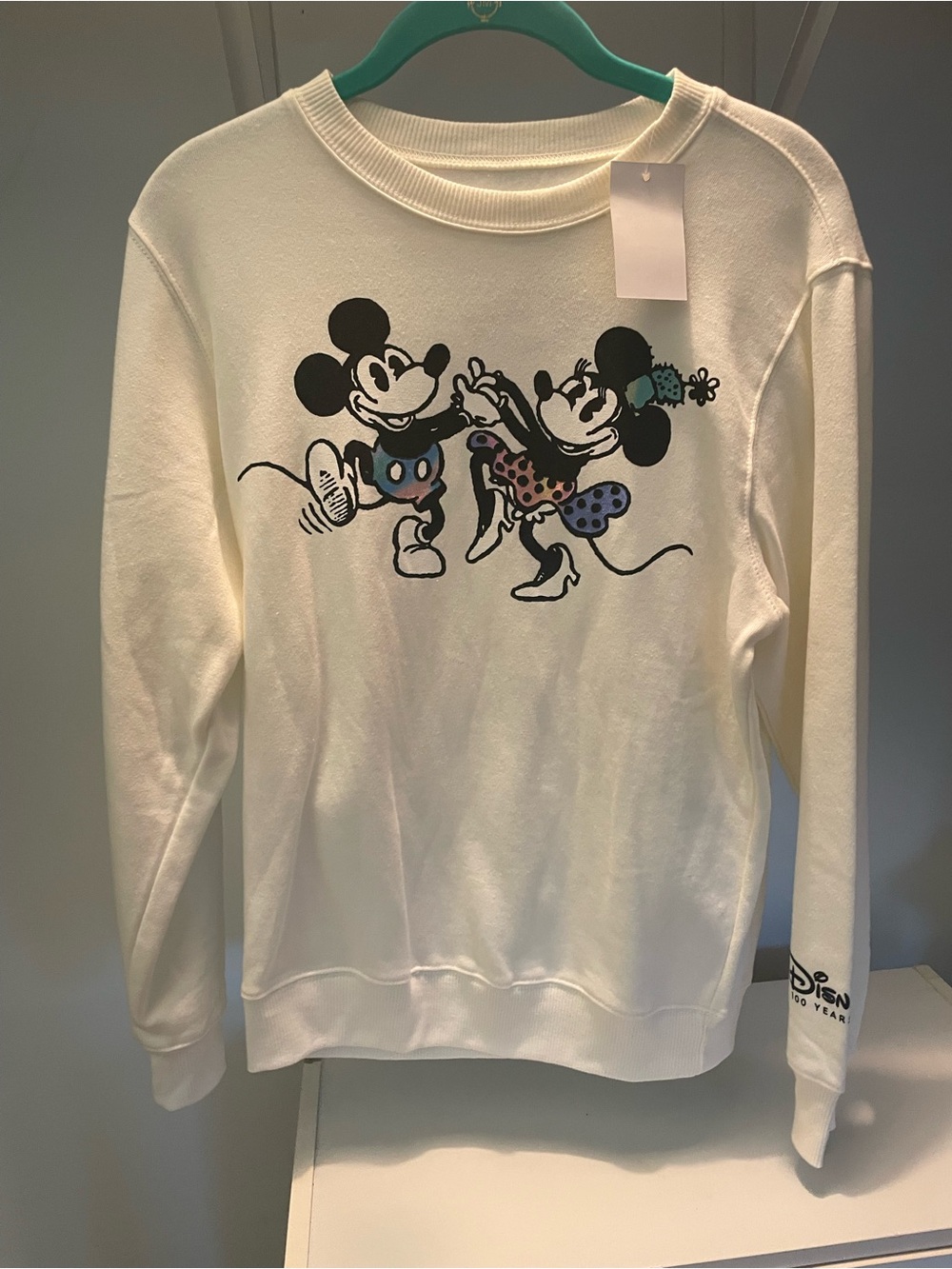 Disney 100 Mickey & Minnie Graphic Logo Fleece Crewneck Pullover XS NEW